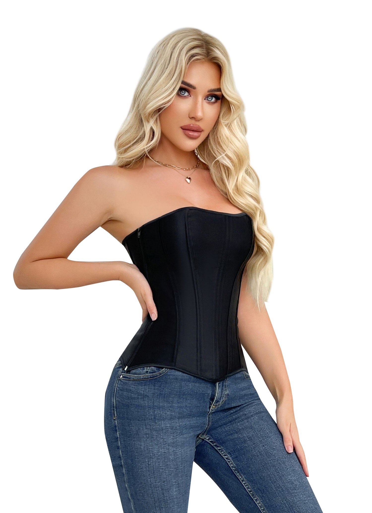 Elegant Satin Vintage Style Corselet Lace up Zipper Corsetto Korsett Black